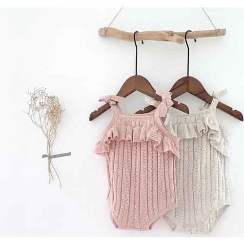 New 2021Autumn Baby Girl Sleeveless Sweet Rompers Newborn Knitted Jumpsuits Baby Girl Bowknot Hollow Out Clothes
