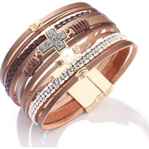 2021 New Womens Cross Woven Multi-layer Crystal Magnetic Clasp Bracelet Charm Trees Life Handmade Leather Bracelet Manchester