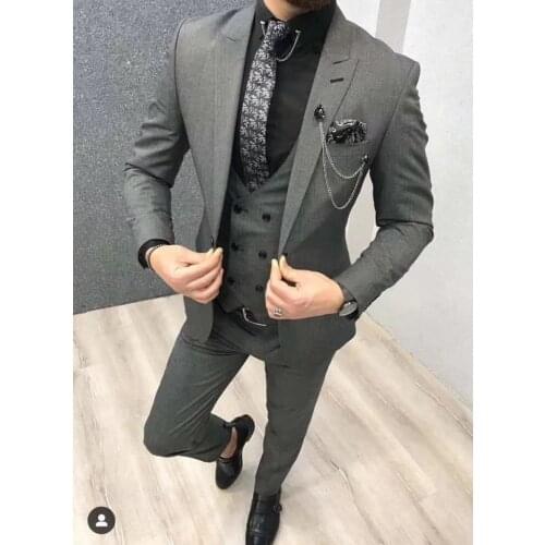 Slim Fit One Button Groom Tuxedos Charcoal Grey Best Man Peak Groomsmen Men Wedding Suits Bridegroom (Jacket+Pants+Tie+Vest)