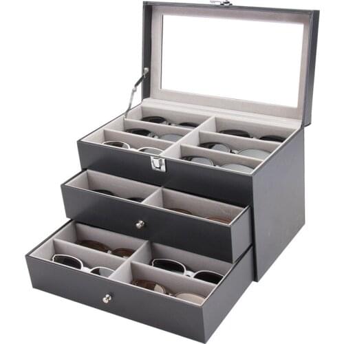 3 Layers Large Capacity Organizer Box with 18 Grids for Eyeglasses Eyewear Jewelry Watches Sunglass Organizer Case Holder