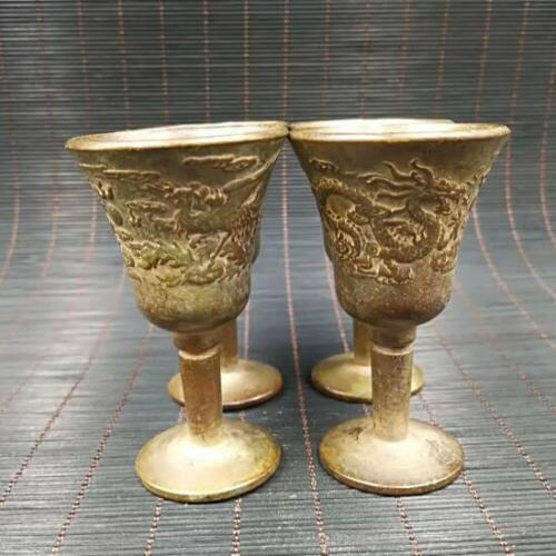 A pair Exquisite Collection Chinese pure brass carving animal dragon phoenix Cups