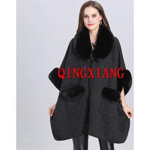7 Colors 2021 Women Winter Thick Loose Poncho With Pocket Big Pendulum Capes Turn-down Faux Fox Fur Collar Cloak Black Long Coat