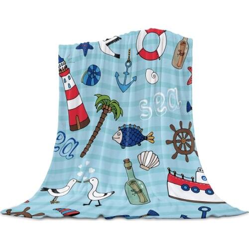 Sea Element Lighthouse Cruise Ship Seagull Throw Blanket Soft Picnic Blanket Home Decor Microfiber Flannel Blankets for Beds