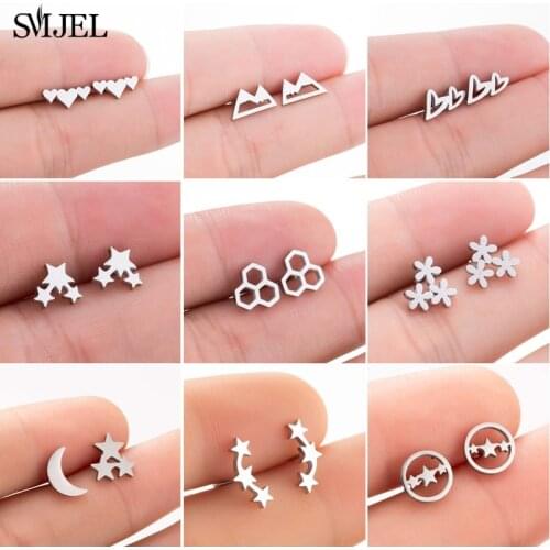 SMJEL Wholesale Mixed Styles Flower Geometric Star Heart Small Earrings For Women Girls Jewelry Stainless Steel Earings oorbelle