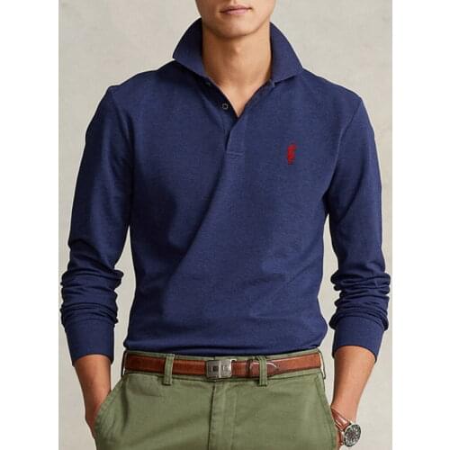 Mens Embroidered Logo Casual Top T-Shirt Early Spring New Product Pure Cotton Lapel Slim Long Sleeve Polo Shirt Tops