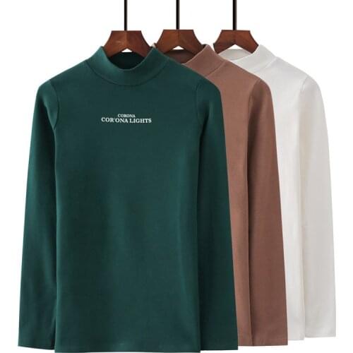 Hot Sale Women Turtle Neck T Shirts Long Sleeve Womens High Neck Black Kaki Letter Solid Warm Top Milk Silk Base Shirt Fashion