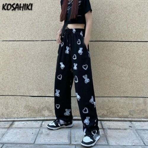KOSAHIKI Retro Cartoon Bear Printed Pants Harajuku Streetwear Pants Woman Wide Leg Trousers Pantalones Mujer Cintura Alta