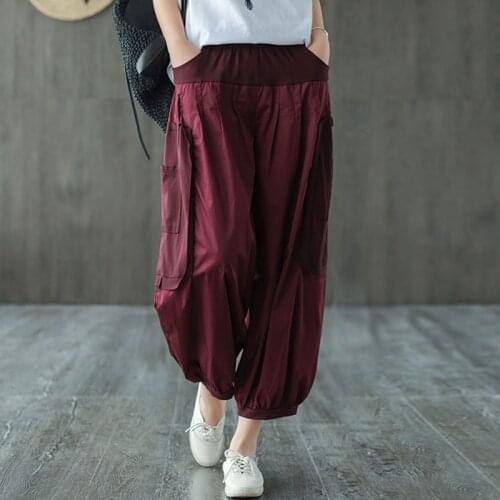 Johnature 2021 Summer New Women Loose Leisure 3 Color Patchwork Elastic Waist Harem Pants Fashion All-match Ankle-length Pants