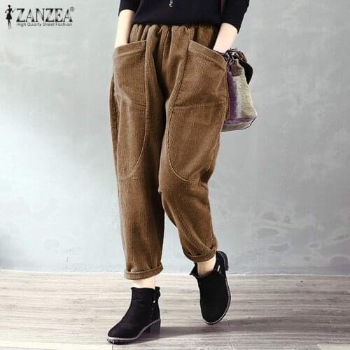 Womens Corduroy Pants ZANZEA 2021 Retro Autumn Harem Trousers Casual Elastic Waist Long Pantalon Palazzo Plus Size Turnip