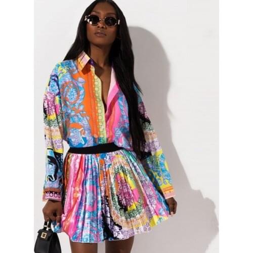 2 Pieces Set Sexy Autumn Fashion Women Set 2021 Female Tops Floral Print Long Sleeve Shirt Elastic Waist Mini Skirts