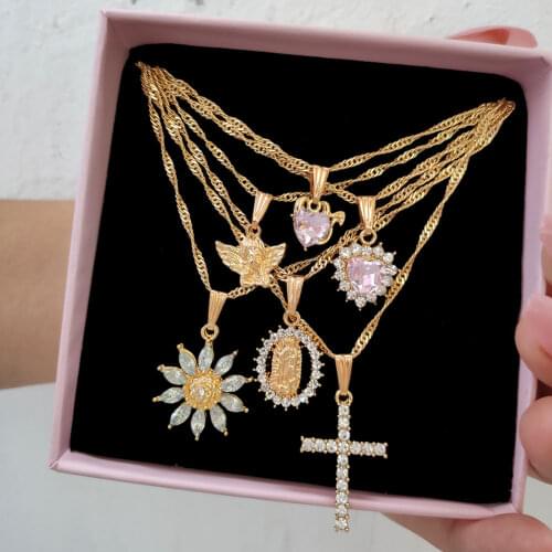 Flatfoosie Multi Layer Gold Angel Portrait Pendant Necklace for Women Fashion Heart Cross Crystal Necklaces Choker Party Jewelry