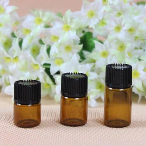 1ml/2ml/3ml 100pcs Mini Amber Glass Essential Oil Bottles Orifice Reducer & cap Brwon Vials Cosmetic Travel Perfume Sample Sack