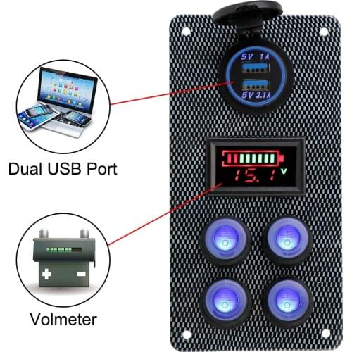12V/24V 2.1A+1A Dual USB Socket Charger Rocker Switch Panel On-Off Blue Light LED Voltmeter Gauge