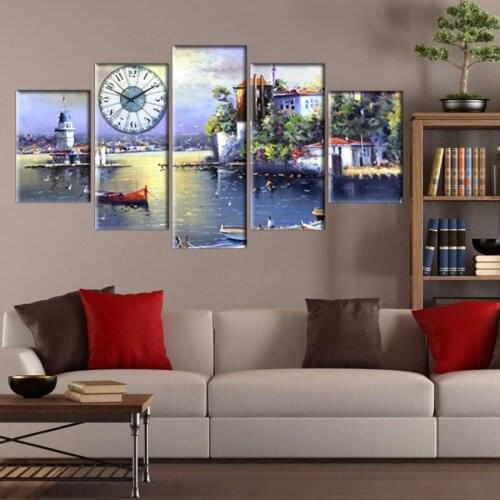 5 PCS With Clock Turkey Old Istanbul Landscape Painting Canvas Table 133X75 CM