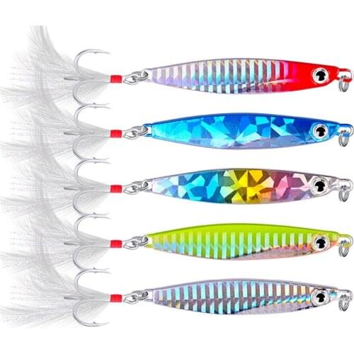 5PCS Deep sea Jigging Fishing Ocean Boat Rock Beach Slow Jig Jigbait Spoon Lure baits Feather Hook 10/21/30g