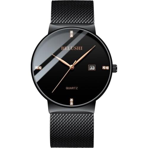 BELUSHI Men Business Watch Top Luxury Brand Waterproof Mesh Strap Utral-thin Male Wristwatch Fashion Rhinestone Date Function
