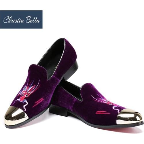 Christia Bella Embroidered Purple Dragon Design Men Velvet Shoes Fashion Men Smoking Slippers Male Wedding and Party Loafers