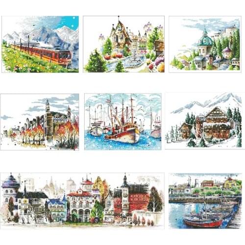 Castle train harbor scenery patterns counted 11CT 14CT Cross Stitch Set DIY Cross-stitch Kits Embroidery Needlework Home Decor