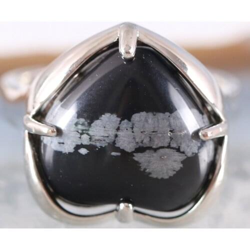 Finger Ring For Woman Natural Stone Gem Heart Beaded Ring Snowflake Obsidian Resizable Ring Jewelry Gift 1Pcs Z406