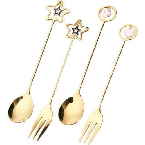Creative Stainless Steel Spoon Gold-plate Coffee Milk Spoon with Star Love Round Pendant Home Kitchen Canteen Dinner Spoon