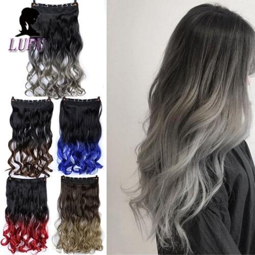 LUPU 24" Clip In Hair Extension Natural Curly Synthetic Hair Pieces With High Temperture Fiber Headwear Ombre Black Brown