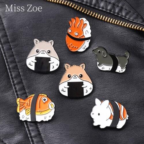 Cute Sushi Animal Enamel Pins Kawaii Food Fun Japanese Rice Ball Brooches Badges For Bag Hat Backpack Girl Accessories Jewelry