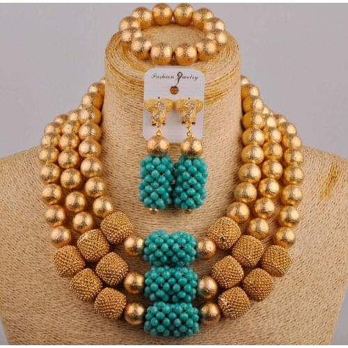 Fashion African Beads Jewelry Sets Gold Color Blue Crystal Beads Jewelry Set Woman Wedding Costume Design Statement Jewelry Set