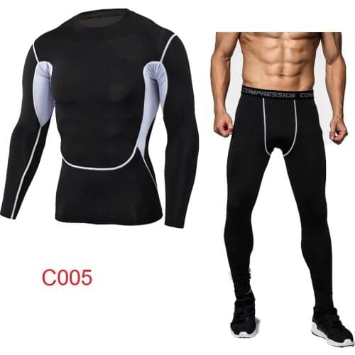 Mens Compression Shirt Pants Set Bodybuilding Tight Long Sleeves Shirts Leggings Sport Suit Workout Fitness Sportswear Size 3XL