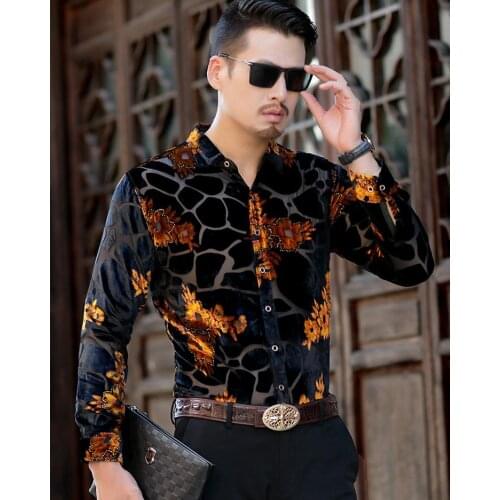 Flower Leopard Mens Transparent Silk Sexy Lace See Through Long Sleeve Fashion Bar Party Casual Dress Shirt