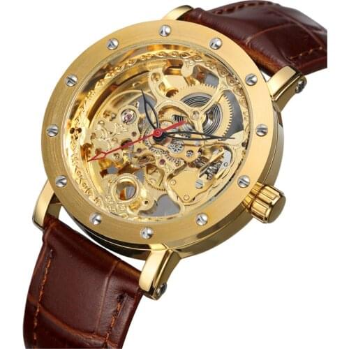 New FORSINING Mens Gold Leather Strap Bracelet Watch Transparent Automatic Mechanical Watch Skeleton Clock Men