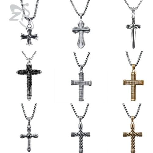 ZS Punk Cross Pendant Necklace Mens 316L Stainless Steel Jewelry Gothic Rock Roll Necklaces collar para hombre