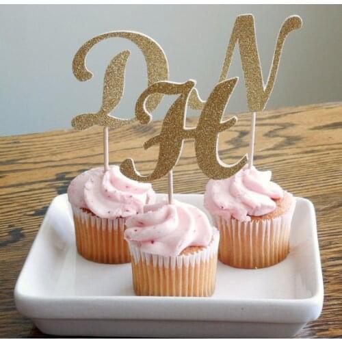 Personalized Initial Glitter Cupcake Toppers Baptism baby shower wedding birthday decorations food picks party supplies
