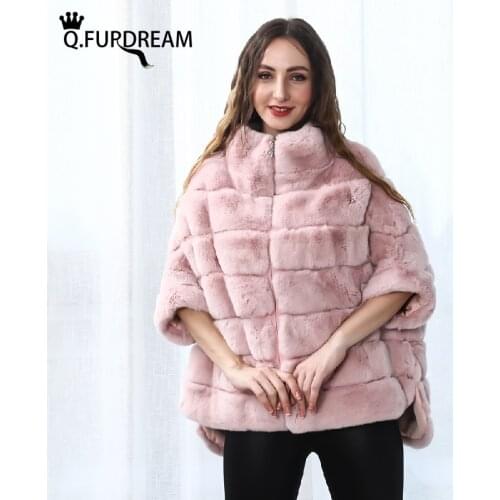 Q.FURDREAM 2020 New Pink Rex Rabbit Fur Jackets Coat Bat Shirt Women Winter Warm Luxurious Fur O-neck Zipper Coat Customize
