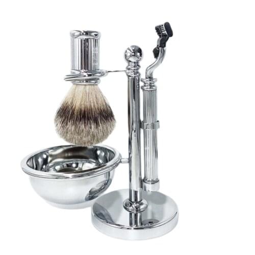 WLONG Luxury 4 in 1 Silvertip Pure Badger Hair Shaving Brush Kit for Men with Foam Mug and Original 3-Layer Blade