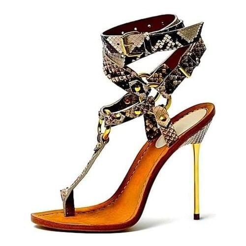 Sexy Snakeskin T-bar Sandals Gold Metal Thin Heel Woman Dress Shoes Python Printed Sandals Big Size 10 Flip Sandals