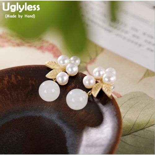 Uglyless Natural Jade Pearls Flower Earrings for Women Elegant Party Dress Jewelry Plate Gold Real 925 Silver Leaf Brincos E1853