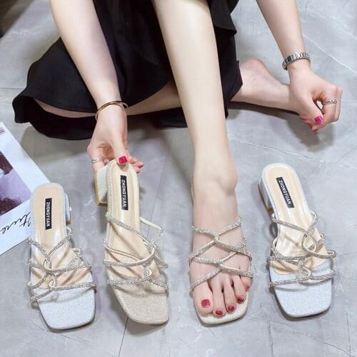 Slippers Women Wear New Fashion In Summer 2021 Online Celebrity High-heeled Rhinestone Slippers Womens Rough Heel Fairy Style