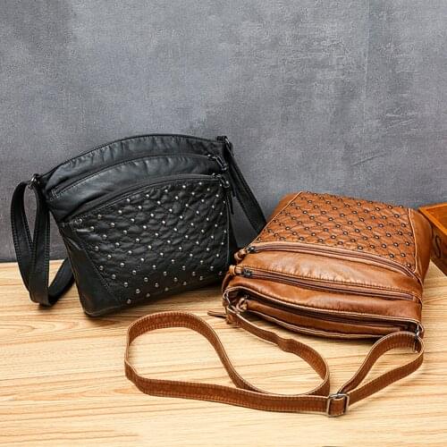 Retro Fashion Rivet PU Leather Messenger Bag For Women Multi Pocket Shoulder Bag Lady Travel Daily Crossbody Bags