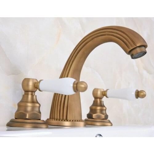 Vintage Antique Brass 2 Ceramic Handle Deck-Mount 3 Hole Widespread Bathroom Lavatory Bathtub Basin Faucet Sink Mixer Tap dan070