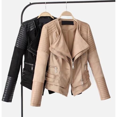 2020 New MS. Fashion Spring Fall Faux Leather Jacket, O-collar Zipper Biker Basic Jacket Female Black Khaki Jacket Feminization