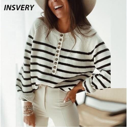 Women Sweaters pullover Autumn Winter Long Sleeve O Neck Knitted Sweater Women Striped Print Buttons Design Womens Clothing