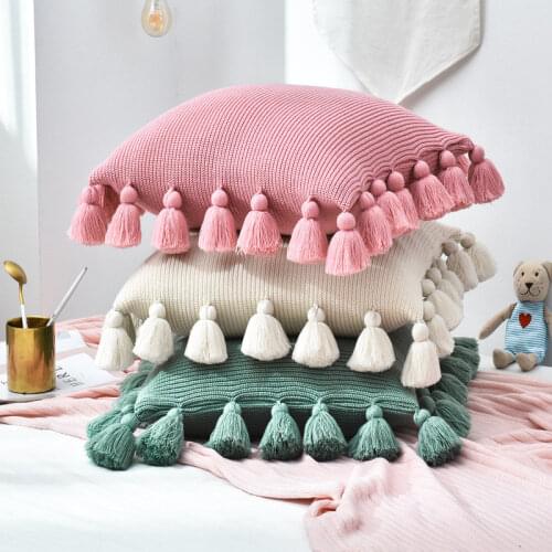 Knitted Cushion Cover Solid Sofa Waits Pillow Case Bedroom Decorative Pillows Cover with tassels Square Throw Cover kussenhoes
