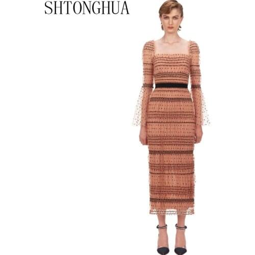 Self portrait Sexy Mesh Dress Women 2020 Spring Summer Square Collar Sexy Polka Dot Maxi Long Bodycon Runway Designer Dresses