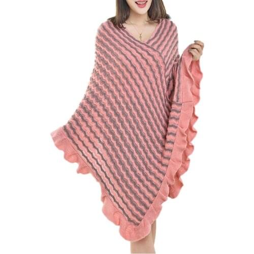 Women Poncho Sweaters Autumn Tricot Wave Striped Capes Oversized Knitted Batwing Sleeve Ruffles Shawl Hnitted Sweater Sueter
