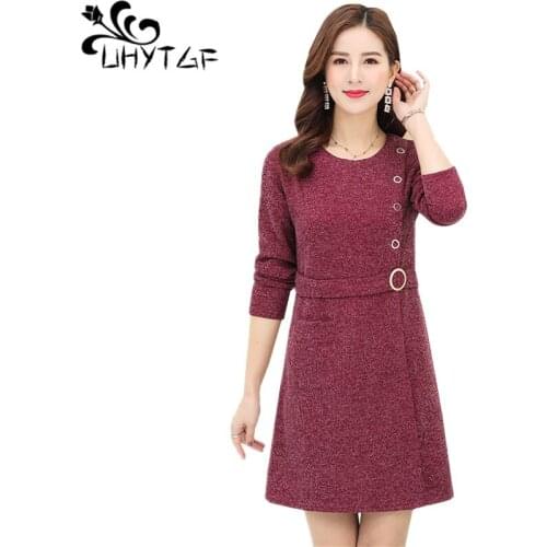 UHYTGF Spring autumn dress women fashion O neck elegant dress female long sleeve knit pullover casual 4XL plus size dresses 1407