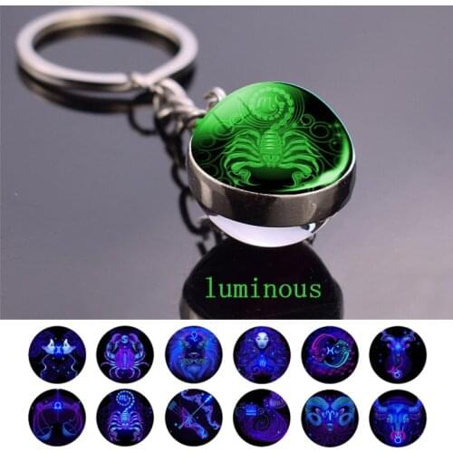 12 Zodiac Sign Luminous Keychain Keyring Aries Taurus Gemini Cancer Leo Scorpio Constellation Key Chain Buckle Glowing Gifts