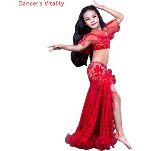 Girls Belly Dancing Clothes Luxury Sleeveless Top+Lace Split 2pcs Child Dance Set Kids Belly Dance Suit SML