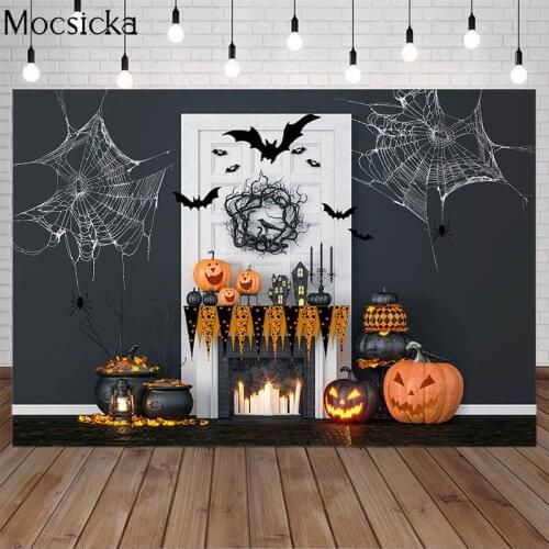 Happy Halloween Photography Background Autumn Pumpkin Maple Leaf Spider Web Bat Child Portrait Cake Smash Backdrop Photo Studio