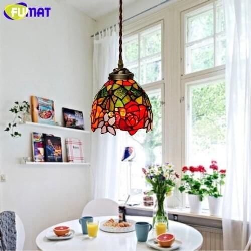 FUMAT Tiffany Pendant Lights Rose Flower Stained Glass Shade Modern Pendant Ceiling Lamps LED Kitchen Chandelier Hanglamp