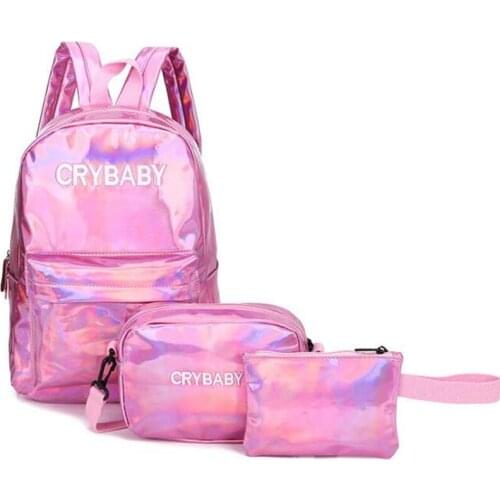 Holographic Laser Backpack Embroidered Patent Letter Hologram Backpack set School Bag +shoulder bag +penbag 3pcs